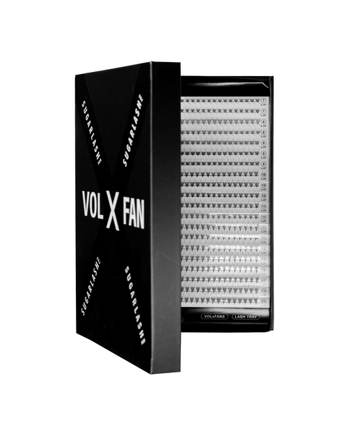 An open tray of VOL-X Pre-made fans for volume eyelash extensions.