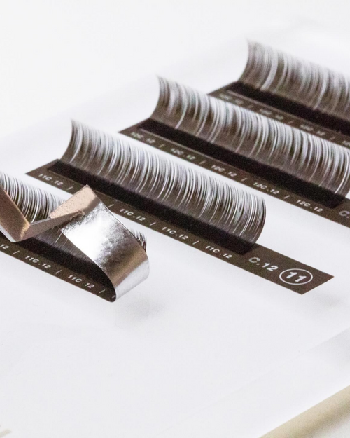 Tweezers pulling up a strip of Brunette Brown Eyelash Extensions for Lash Artists