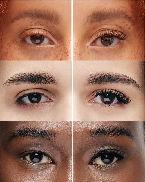 Before and after of three models eyelashes with and without lash extensions.