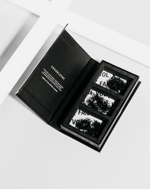 An open tray of VOL-X Loose Pre-made eyelash extensions Fans.