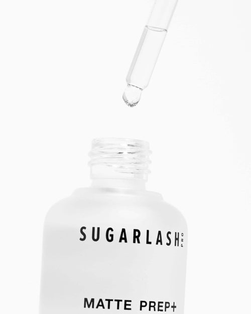 Bottle of Matte Prep+ mattifying eyelash extensions primer with dropper applicator.