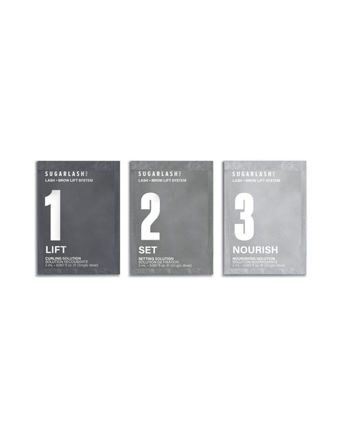 Sachet of Lift, Set and Nourish Lash and Eyebrow Lamination Solutions.