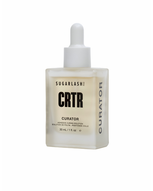 Curator Adhesive Curing Eyelash extensions Solution against a white background.