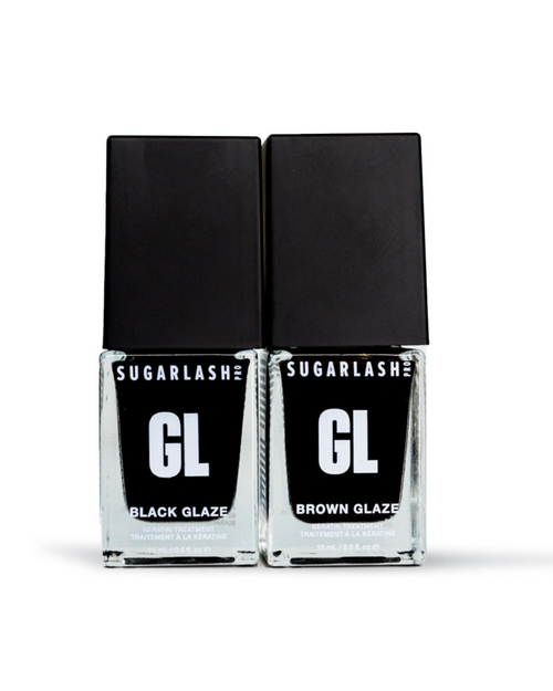 Image of One bottle of Black Glaze and one bottle of Brown Glaze beside each other to glaze your eyelash extensions