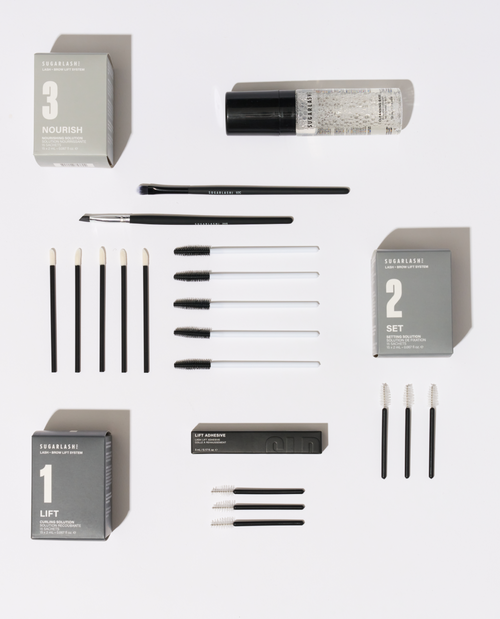 image eyebrow lamination kit including mascara wands, lash and eyebrow lamination solutions.