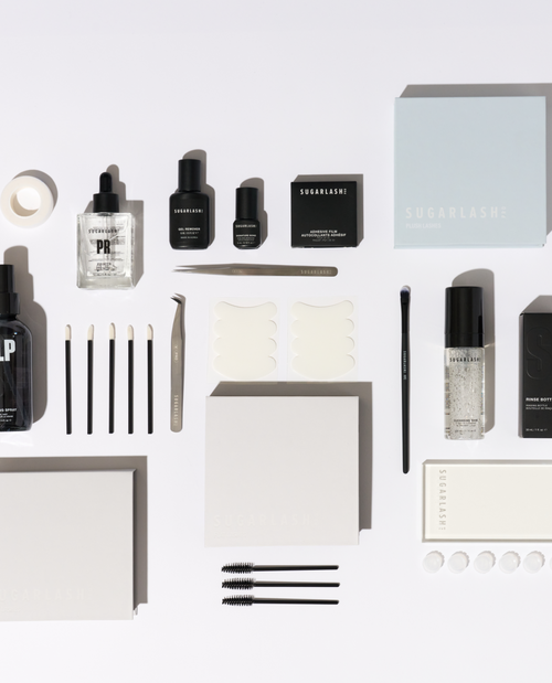 an image including tweezers, gel removers. finishing spray, cleansing brush, eye pads, mascara wands. lash glue., lash wands.