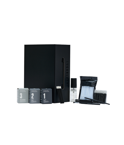 Image of eyebrow lamination kit including lash lift adhesives, cleansing base, flocked adhesives, mini mascara wands, lash and eyebrow lamination